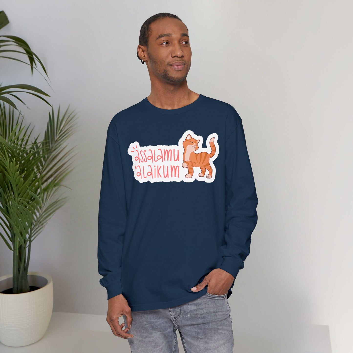 Assalamualaikum Typographic Long Sleeve Tee T-Shirt - Cute Cat Smug Graphic Cozy Soft Cotton Unisex Long Sleeve Tee