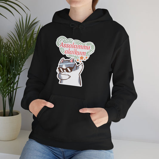 Assalamualaikum Typographic Hoodie - Cat Sunglasses Graphic Cozy Soft Cotton Unisex Hoodie