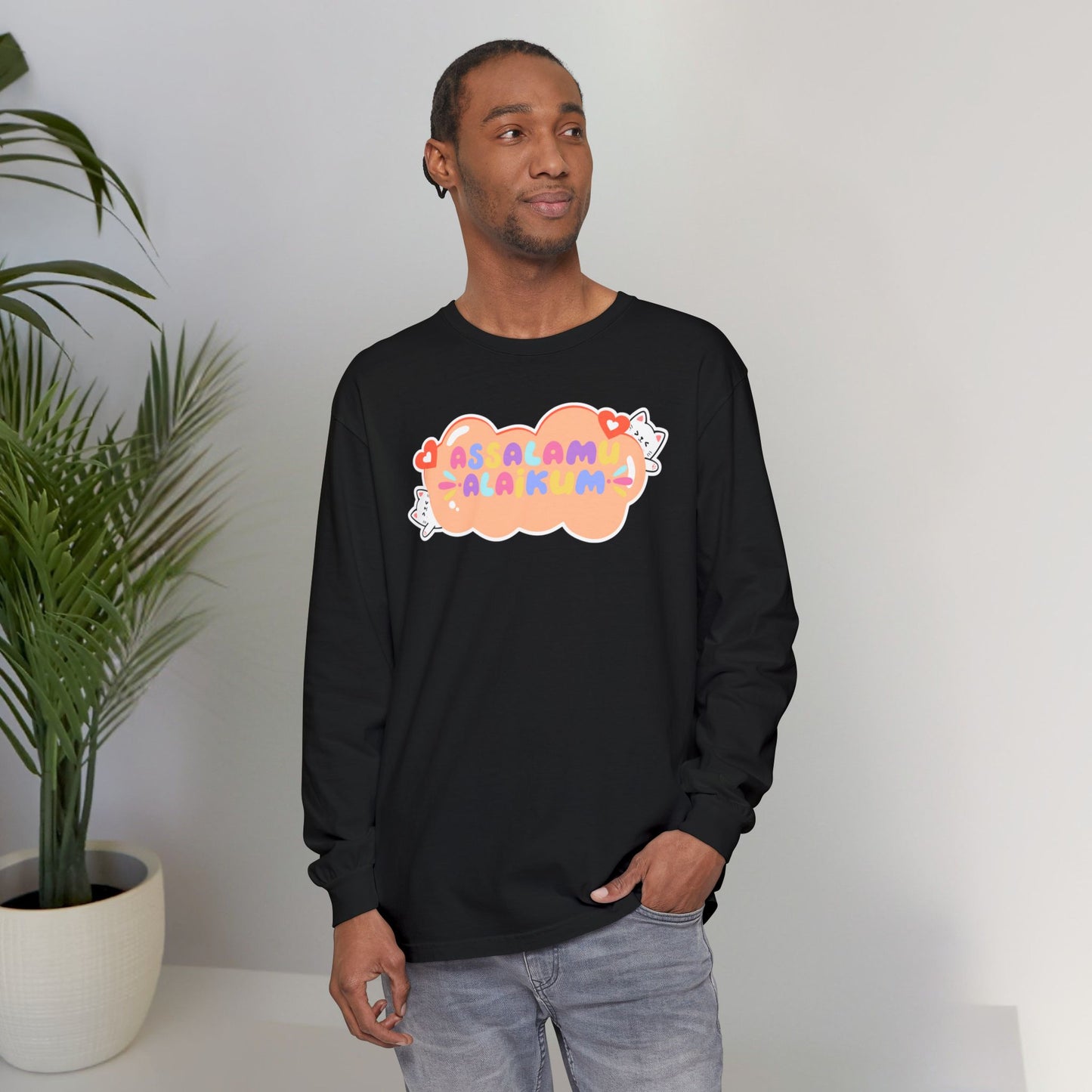 Assalamualaikum Typographic Long Sleeve Tee T-Shirt - Cute Cat Lover Graphic Cozy Soft Cotton Unisex Long Sleeve Tee