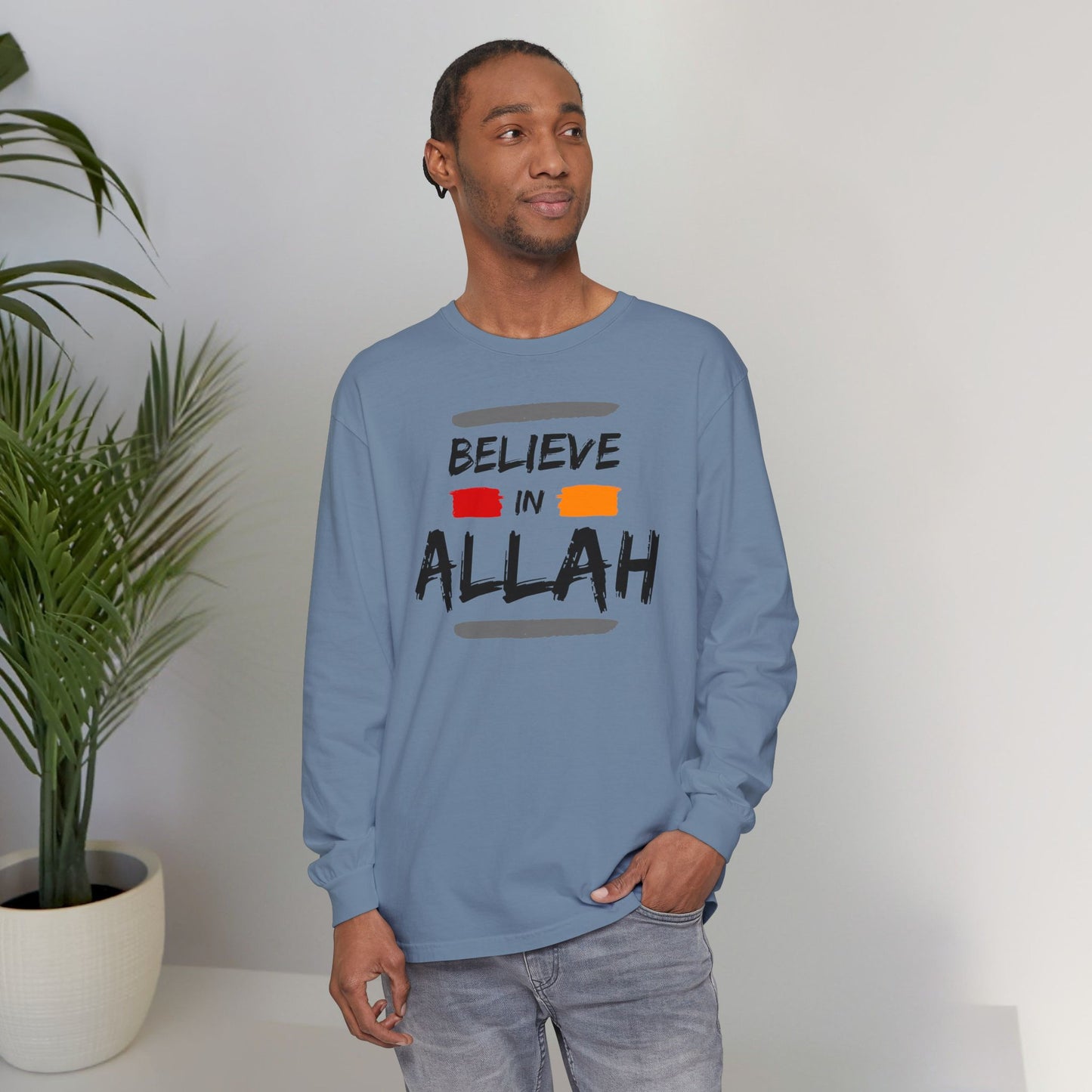 Believe in Allah Typographic Long Sleeve Tee T-Shirt - Cozy Soft Cotton Unisex Statement Long Sleeve Tee