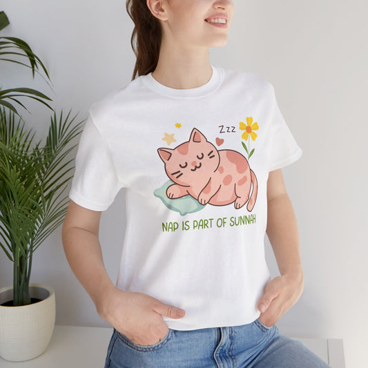 Nap Is Part Of Sunnah Typographic Tee T-Shirt - Chubby Sleeping Cat Cozy Soft Cotton Unisex Tee