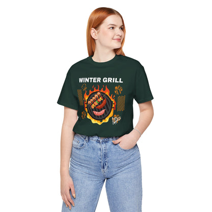Winter Grill Typographic Tee T-Shirt - Cozy Soft Cotton Unisex Sausage Graphic Tee T-Shirt