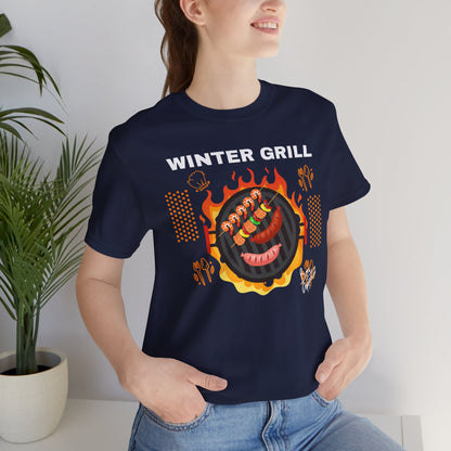 Winter Grill Typographic Tee T-Shirt - Cozy Soft Cotton Unisex Sausage Graphic Tee T-Shirt