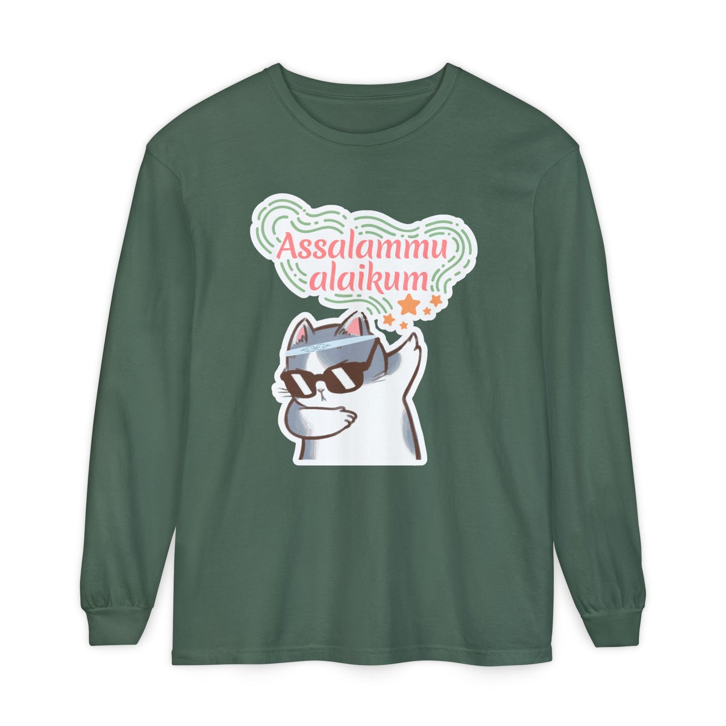 Assalamualaikum Typographic Long Sleeve Tee T-Shirt - Cat Sunglasses Graphic Cozy Soft Cotton Unisex Long Sleeve Tee