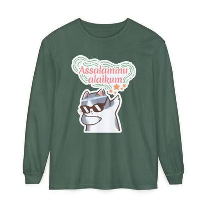 Assalamualaikum Typographic Long Sleeve Tee T-Shirt - Cat Sunglasses Graphic Cozy Soft Cotton Unisex Long Sleeve Tee