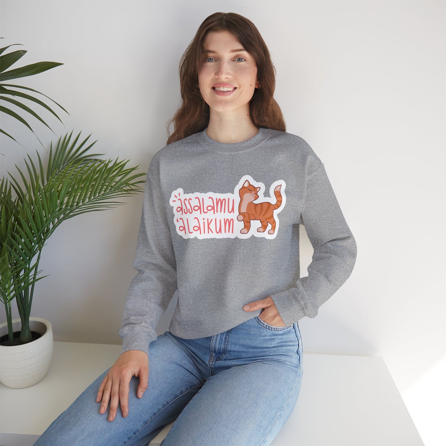 Assalamualaikum Typographic Sweatshirt - Cute Cat Smug Graphic Cozy Soft Cotton Unisex Sweatshirt