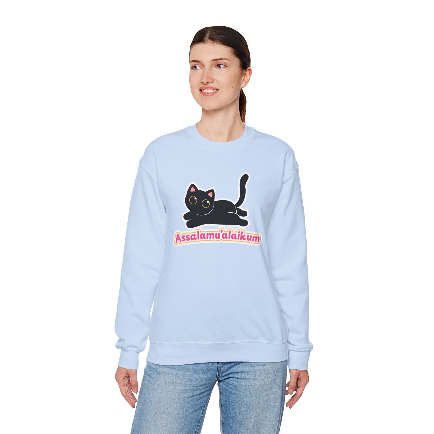 Assalamualaikum Typographic Sweatshirt - Cute Black Cat Graphic Cozy Soft Cotton Unisex Sweatshirt