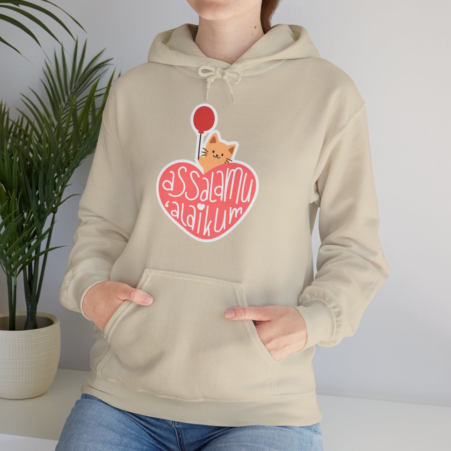 Assalamualaikum Typographic Hoodie - Cute Cat Heart Balloon Graphic Cozy Soft Cotton Unisex Hoodie