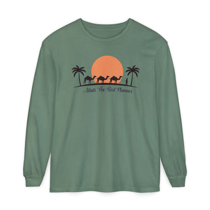 Allah Is The Best Planner Typographic Long Sleeve Tee T-Shirt - Camel Travel in Desert Cozy Soft Cotton Unisex Long Sleeve Tee