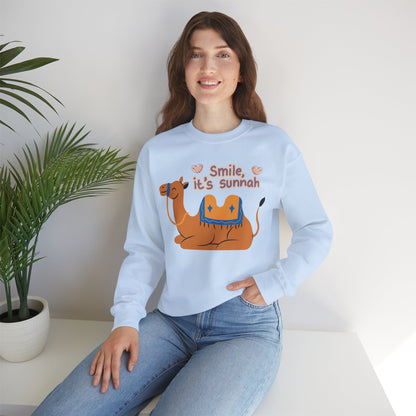 Smile Its Sunnah Typographic Sweatshirt - Cute Camel Smiling Cozy Soft Cotton Unisex Sweatshirt