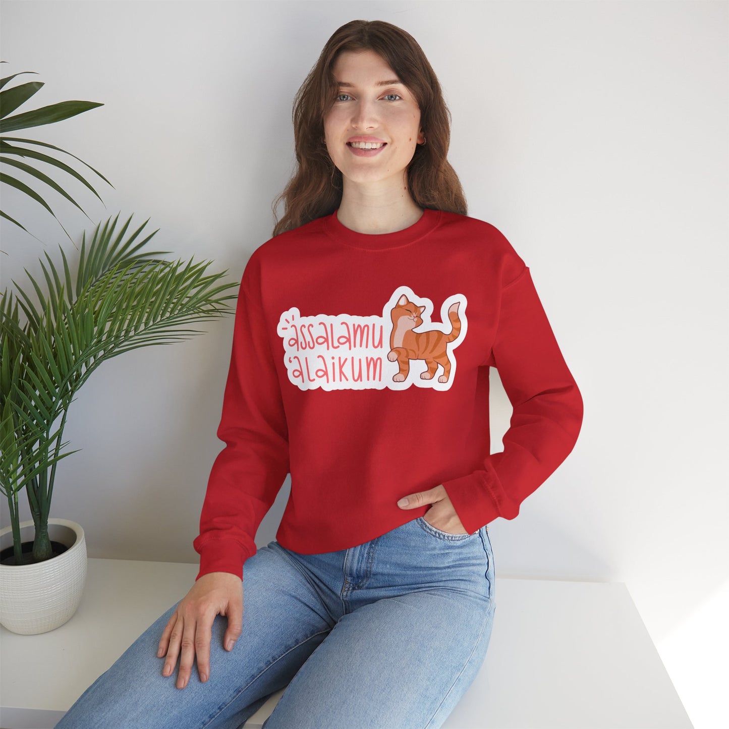 Assalamualaikum Typographic Sweatshirt - Cute Cat Smug Graphic Cozy Soft Cotton Unisex Sweatshirt