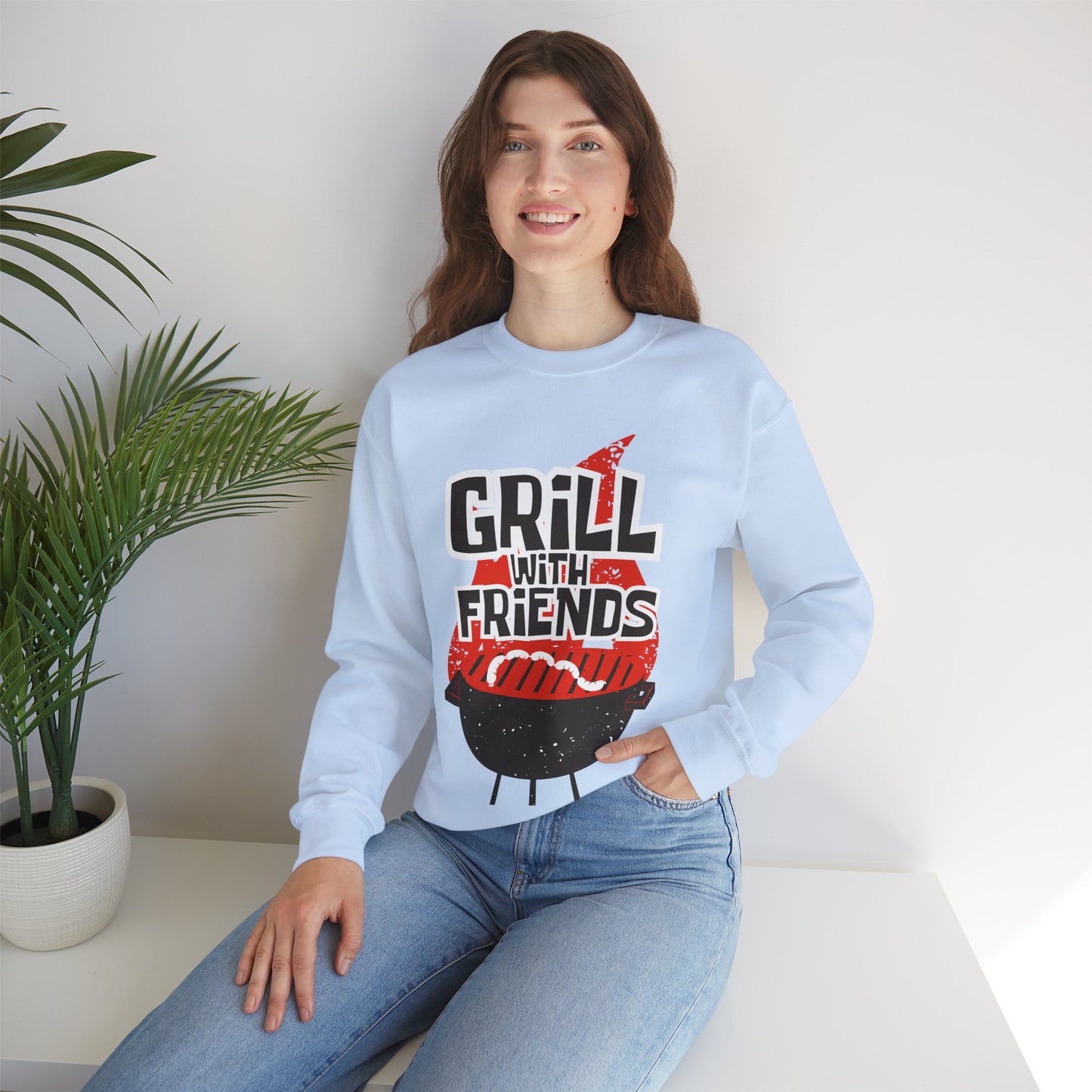 Grill with Friends Typographic Sweatshirt - Cozy Soft Cotton Unisex Sausage Graphic Sweatshirt