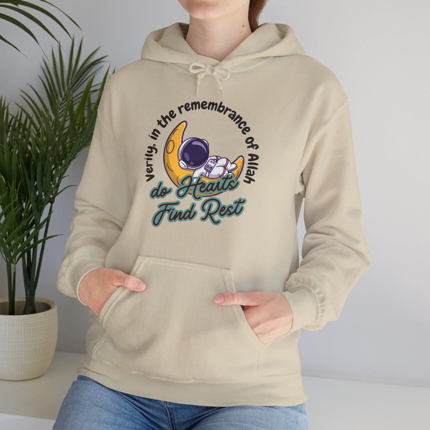 Verily In The Remembrance of Allah Do Hearts Find Rest Hoodie - Astronaut Moon Islamic Graphic Soft Cotton Unisex Hoodie