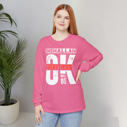 Inshallah Everything OK Typographic Long Sleeve Tee T-Shirt - Cozy Soft Cotton Unisex Long Sleeve Tee