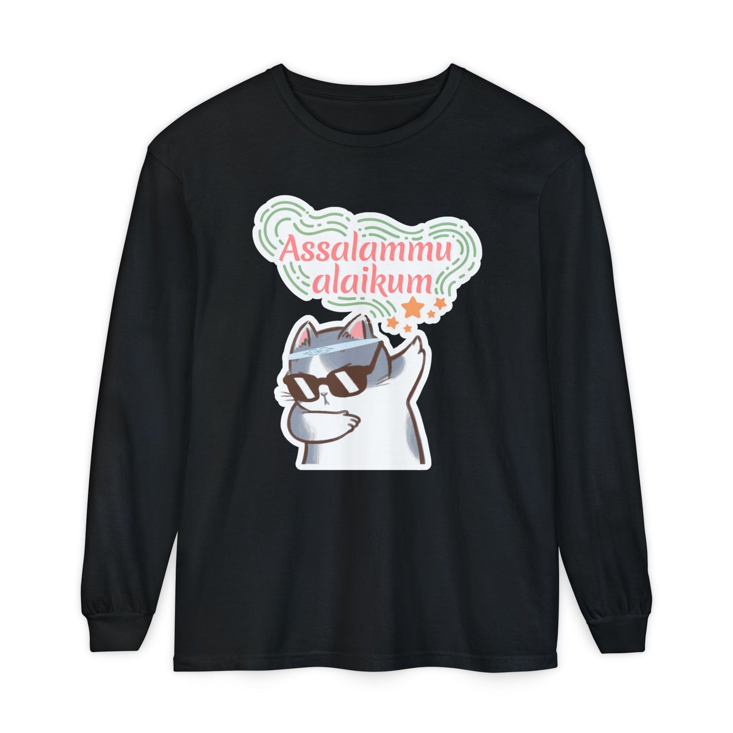 Assalamualaikum Typographic Long Sleeve Tee T-Shirt - Cat Sunglasses Graphic Cozy Soft Cotton Unisex Long Sleeve Tee