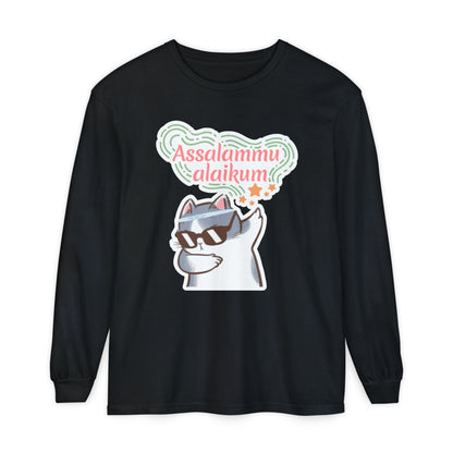 Assalamualaikum Typographic Long Sleeve Tee T-Shirt - Cat Sunglasses Graphic Cozy Soft Cotton Unisex Long Sleeve Tee