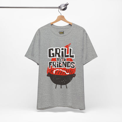 Grill with Friends Typographic Tee T-Shirt - Cozy Soft Cotton Unisex Sausage Graphic Tee T-Shirt