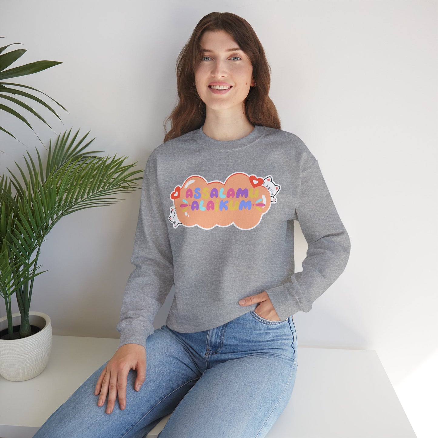 Assalamualaikum Typographic Sweatshirt - Cute Cat Lover Graphic Cozy Soft Cotton Unisex Sweatshirt