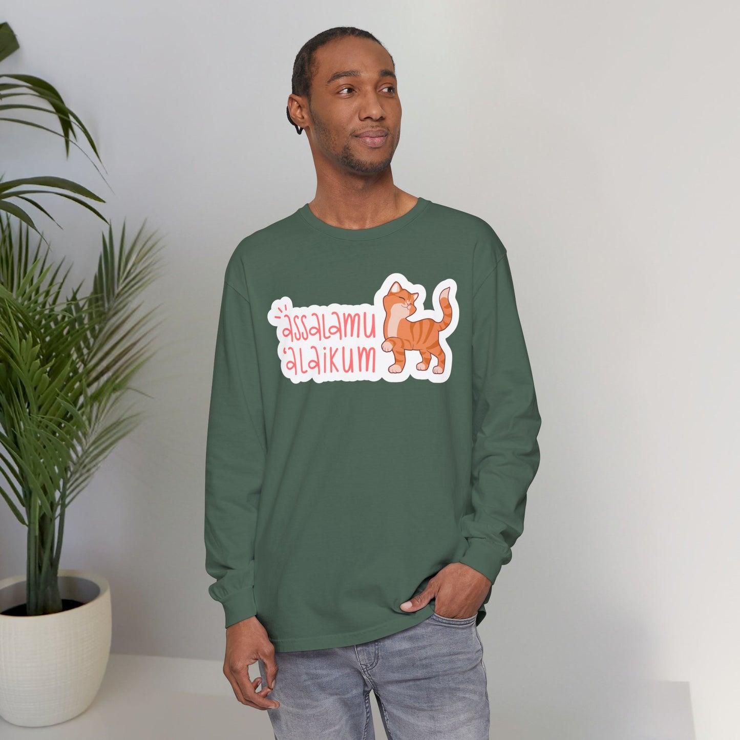 Assalamualaikum Typographic Long Sleeve Tee T-Shirt - Cute Cat Smug Graphic Cozy Soft Cotton Unisex Long Sleeve Tee