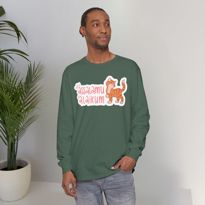 Assalamualaikum Typographic Long Sleeve Tee T-Shirt - Cute Cat Smug Graphic Cozy Soft Cotton Unisex Long Sleeve Tee
