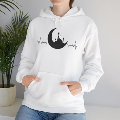 Moonlit Heartbeat Crescent Mosque Graphic Hoodie - Cozy Soft Cotton Graphic Unisex Hoodie