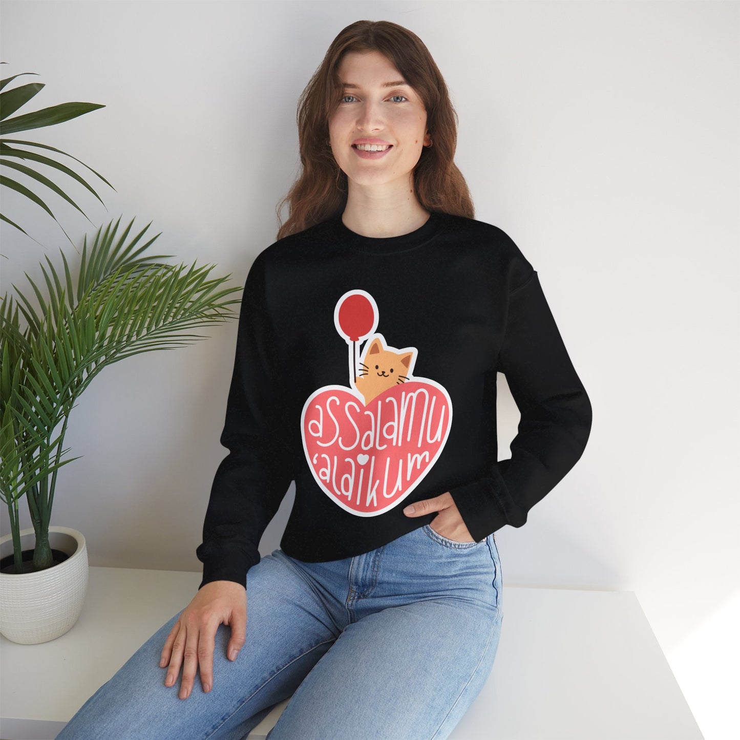 Assalamualaikum Typographic Sweatshirt - Cute Cat Heart Balloon Graphic Cozy Soft Cotton Unisex Sweatshirt