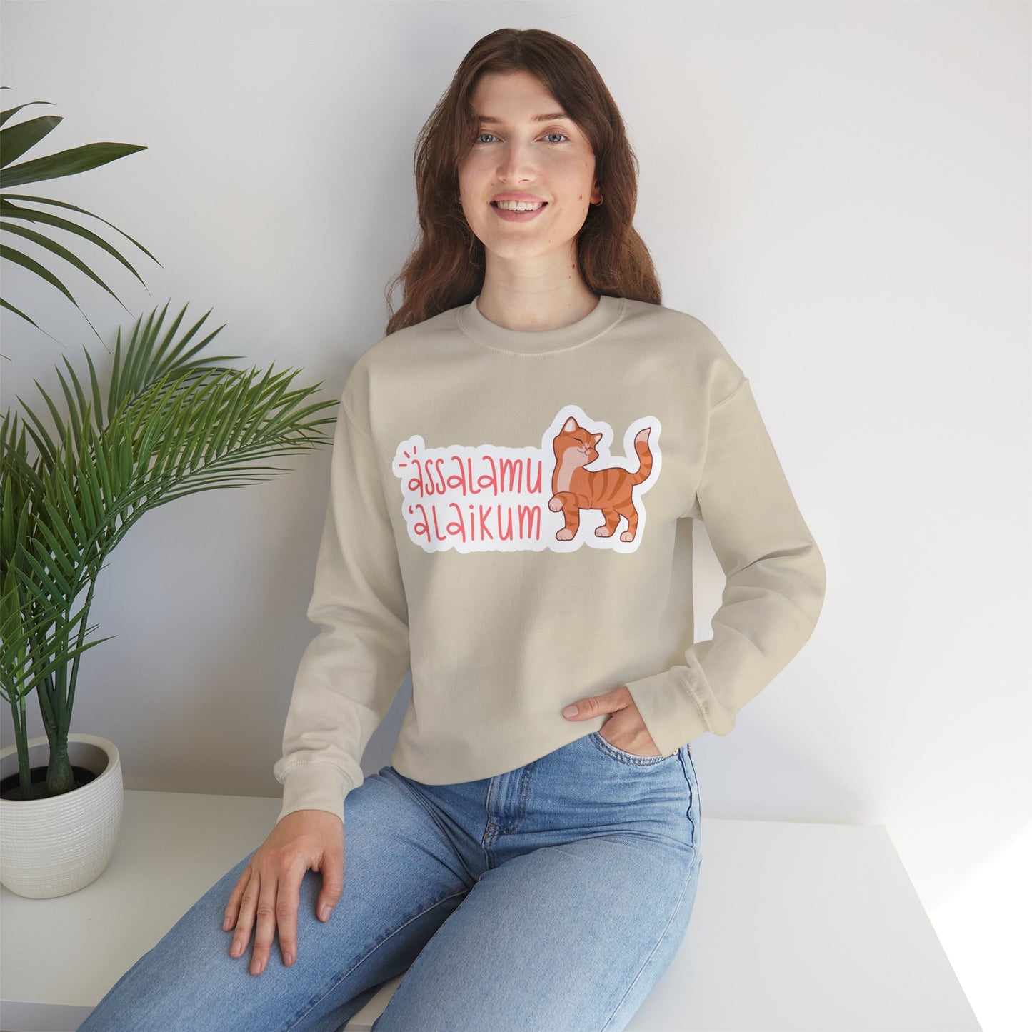 Assalamualaikum Typographic Sweatshirt - Cute Cat Smug Graphic Cozy Soft Cotton Unisex Sweatshirt