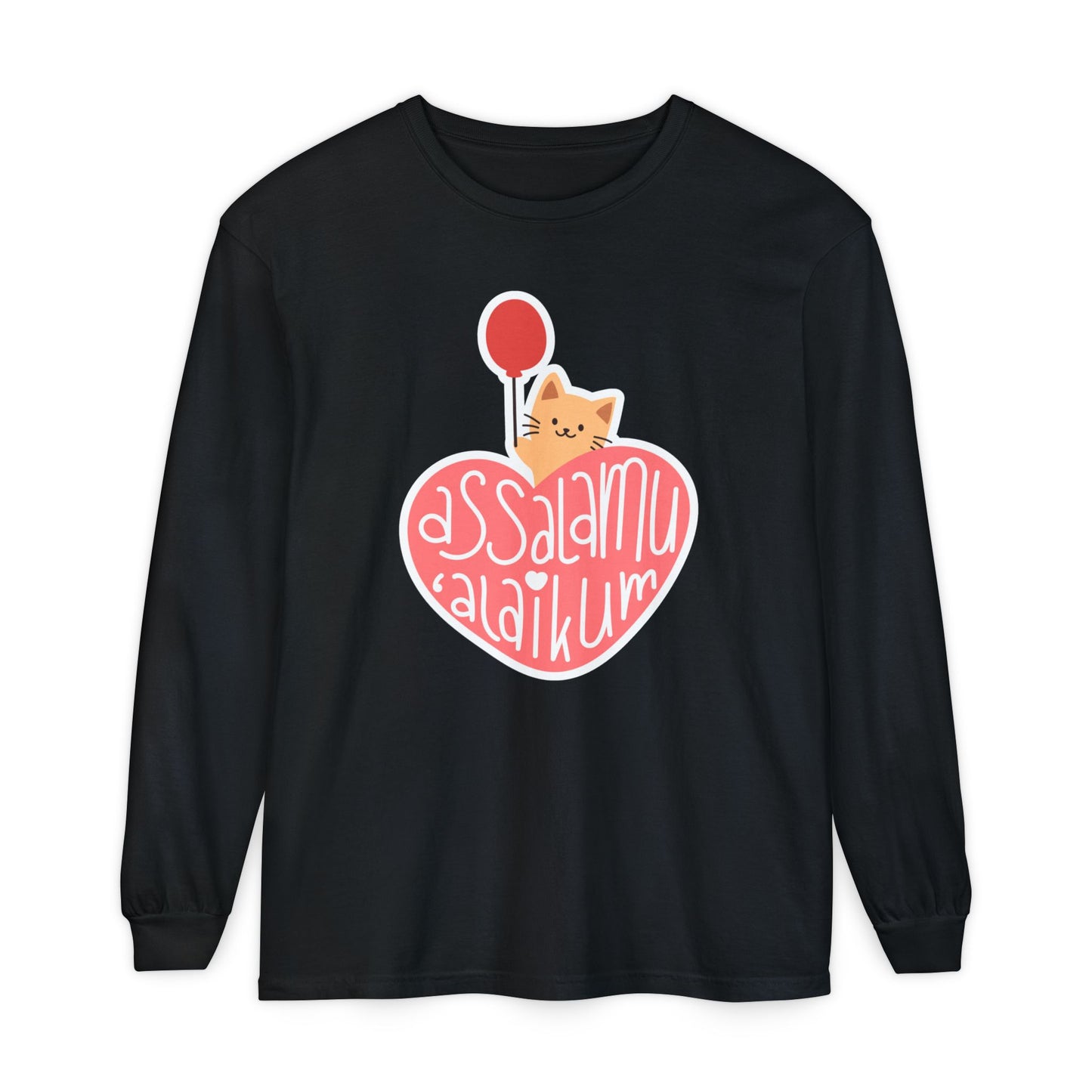 Assalamualaikum Typographic Long Sleeve Tee T-Shirt - Cute Cat Heart Balloon Graphic Cozy Soft Cotton Unisex Long Sleeve Tee