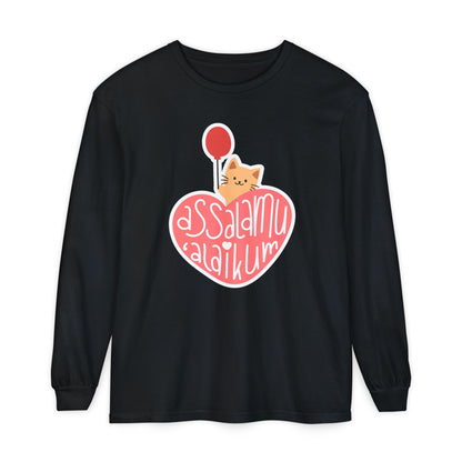 Assalamualaikum Typographic Long Sleeve Tee T-Shirt - Cute Cat Heart Balloon Graphic Cozy Soft Cotton Unisex Long Sleeve Tee