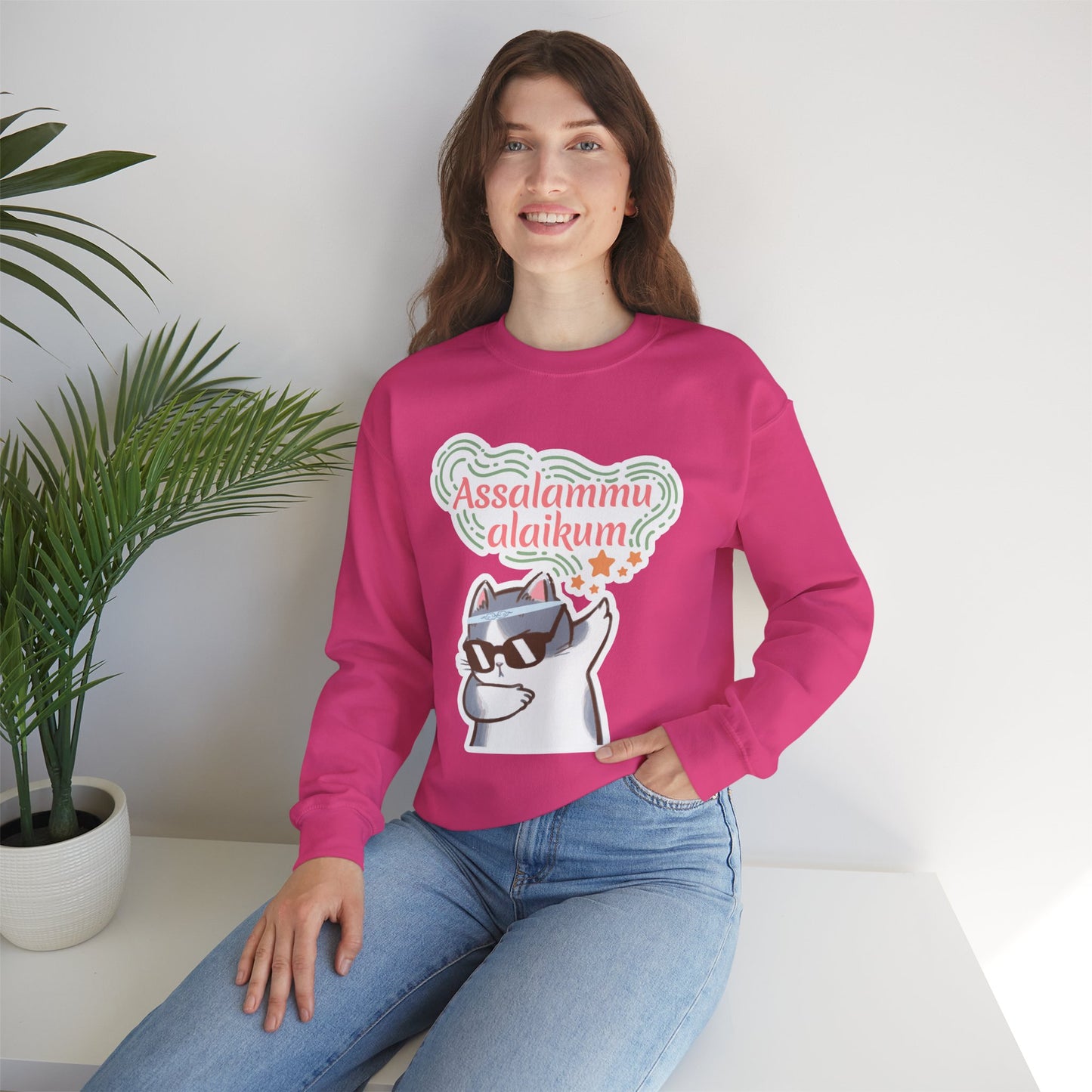 Assalamualaikum Typographic Sweatshirt - Cat Sunglasses Graphic Cozy Soft Cotton Unisex Sweatshirt