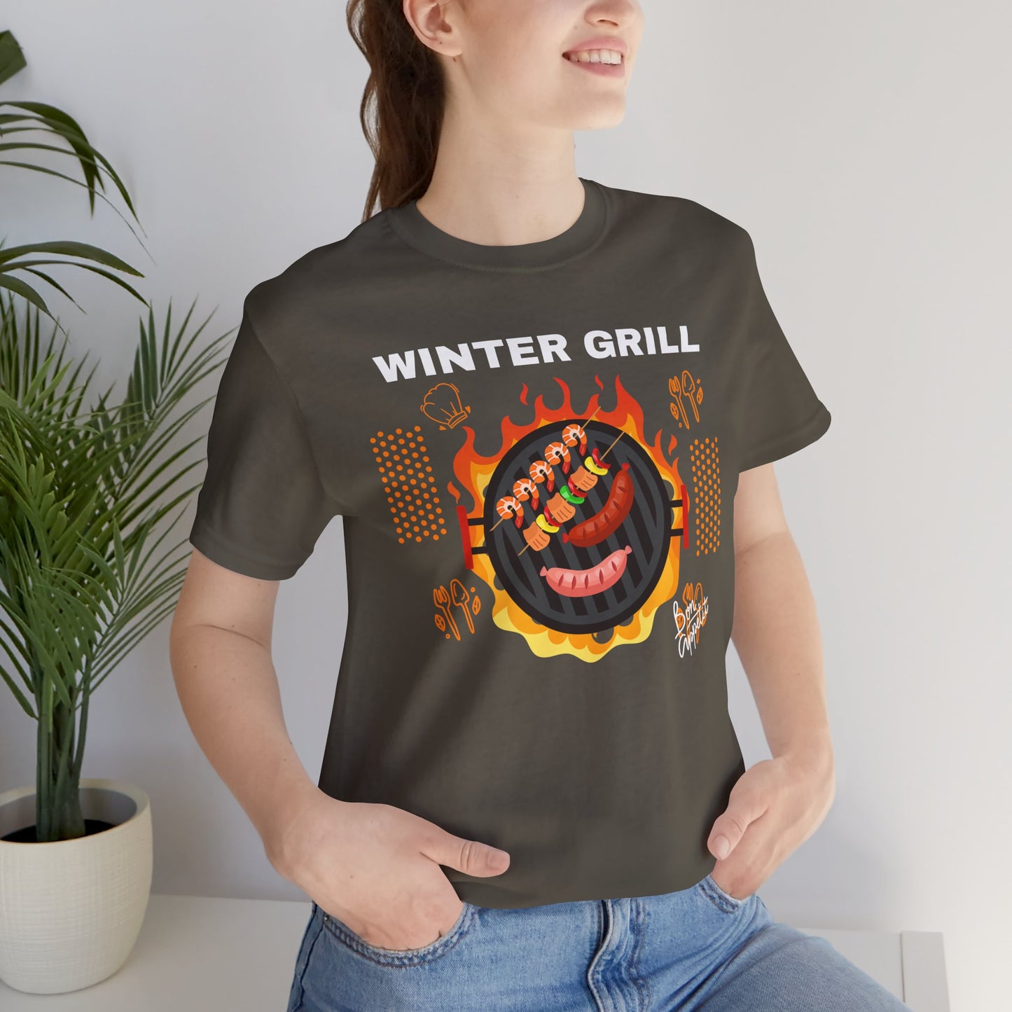 Winter Grill Typographic Tee T-Shirt - Cozy Soft Cotton Unisex Sausage Graphic Tee T-Shirt