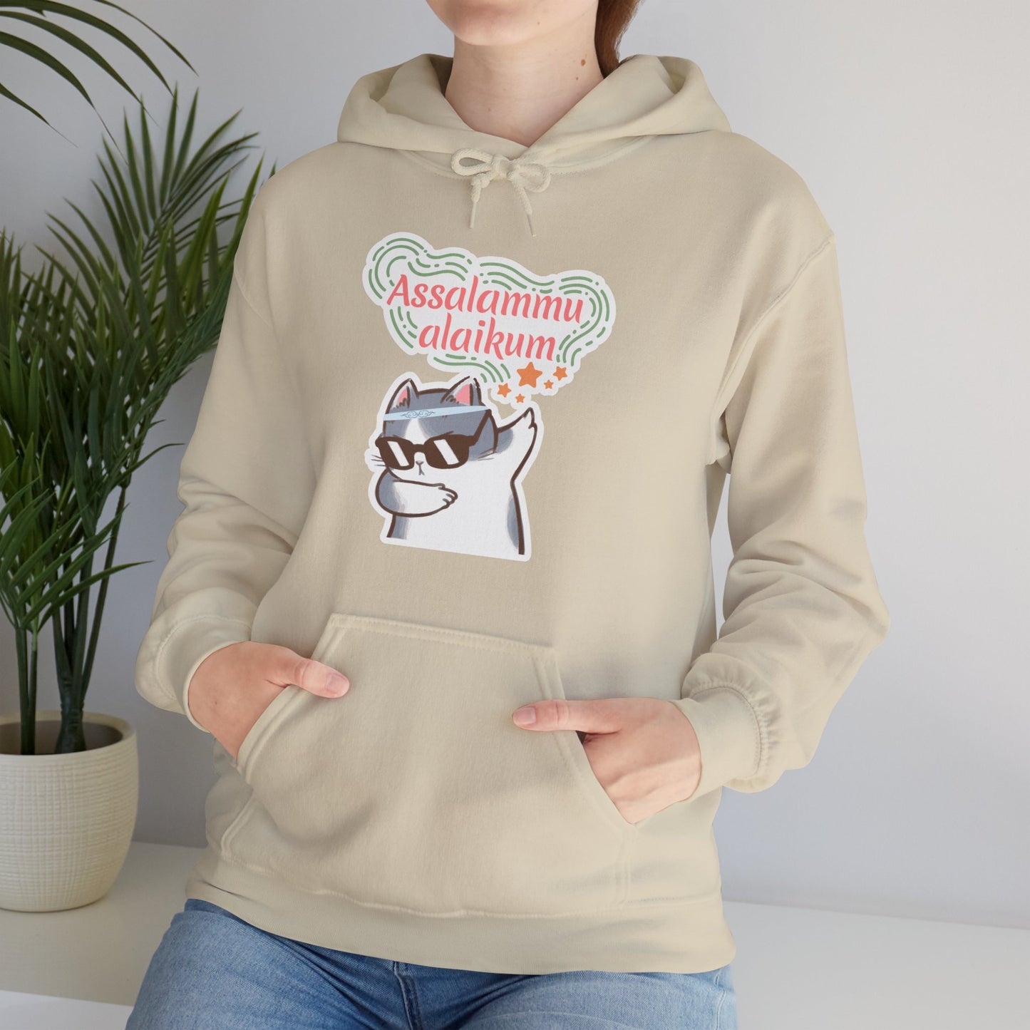 Assalamualaikum Typographic Hoodie - Cat Sunglasses Graphic Cozy Soft Cotton Unisex Hoodie