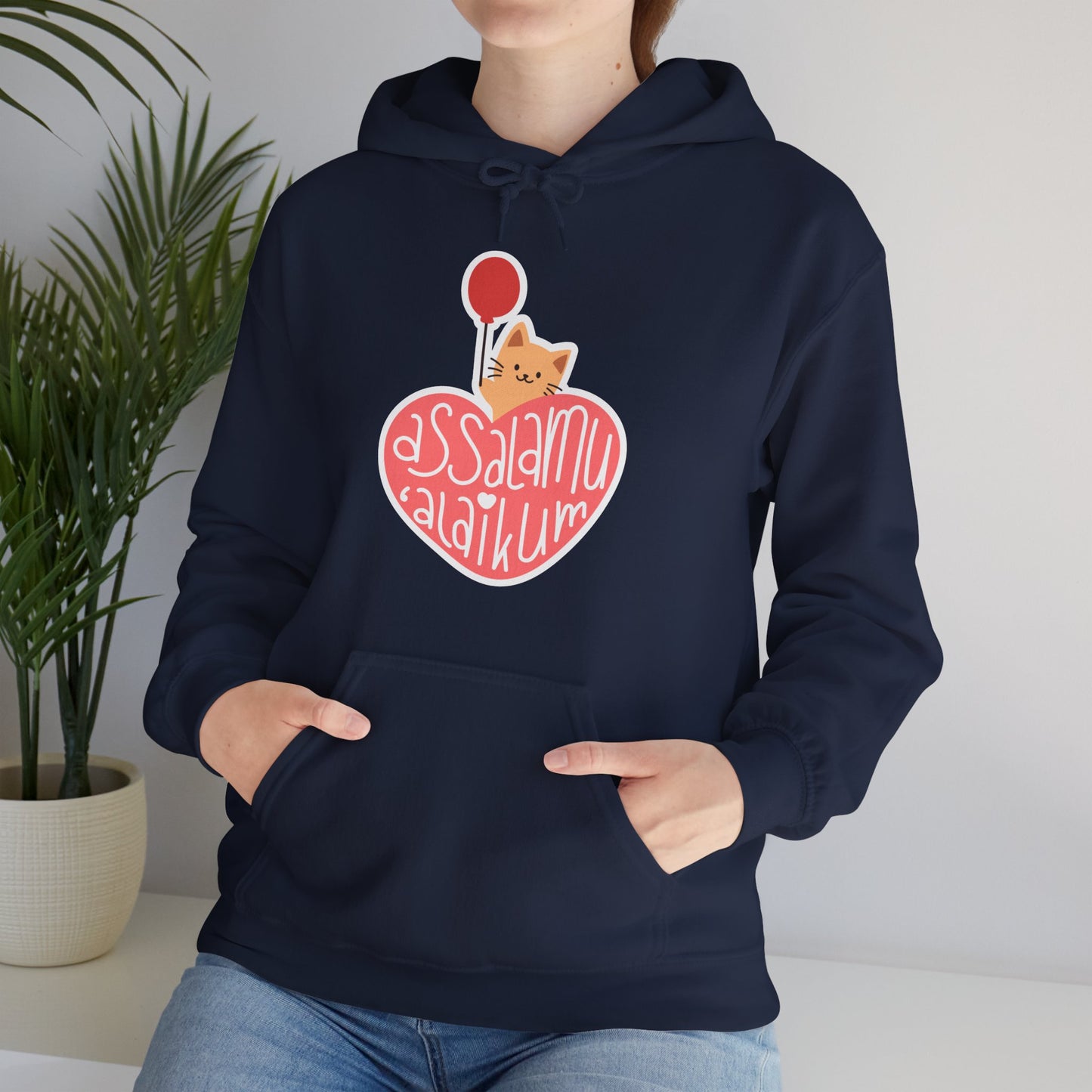 Assalamualaikum Typographic Hoodie - Cute Cat Heart Balloon Graphic Cozy Soft Cotton Unisex Hoodie