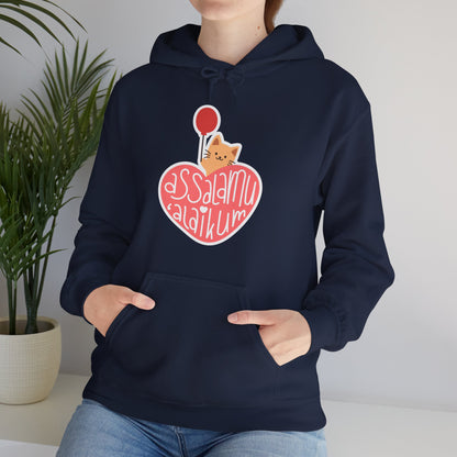Assalamualaikum Typographic Hoodie - Cute Cat Heart Balloon Graphic Cozy Soft Cotton Unisex Hoodie