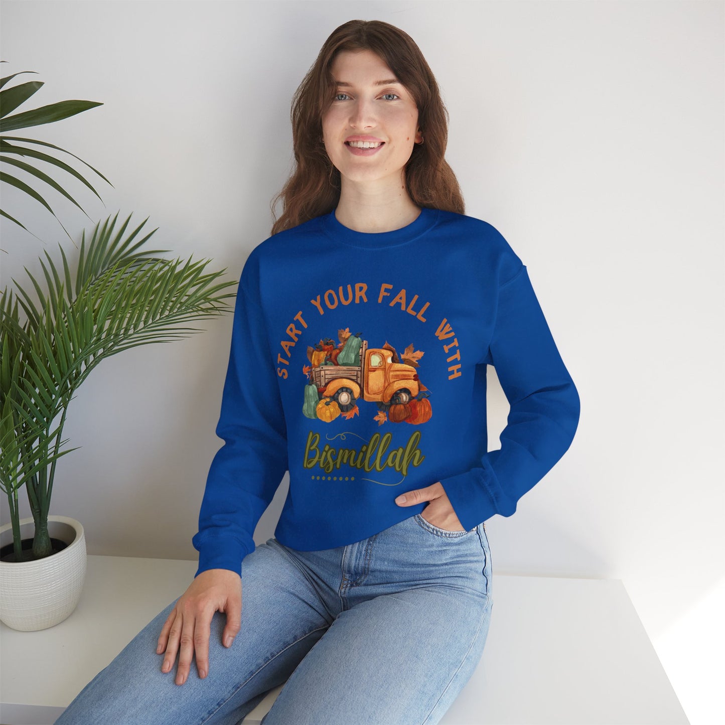 Start Your Fall with Bismillah Graphic Sweatshirt - Cozy Autumn Cute Truck Pumpkin Graphic Unisex Sweatshirt