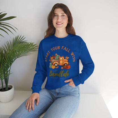 Start Your Fall with Bismillah Graphic Sweatshirt - Cozy Autumn Cute Truck Pumpkin Graphic Unisex Sweatshirt