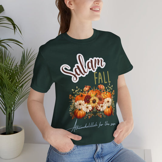 Salam Fall Flower Pumpkin Graphic Tee T-Shirt - Alhamdulillah Cozy Autumn Graphic Unisex Tee