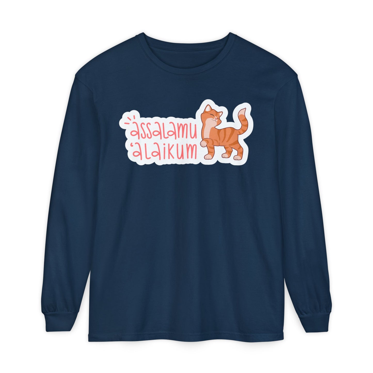 Assalamualaikum Typographic Long Sleeve Tee T-Shirt - Cute Cat Smug Graphic Cozy Soft Cotton Unisex Long Sleeve Tee