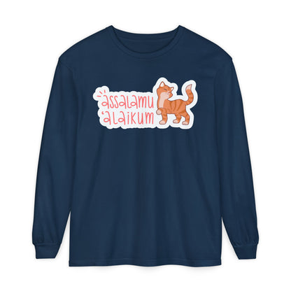 Assalamualaikum Typographic Long Sleeve Tee T-Shirt - Cute Cat Smug Graphic Cozy Soft Cotton Unisex Long Sleeve Tee