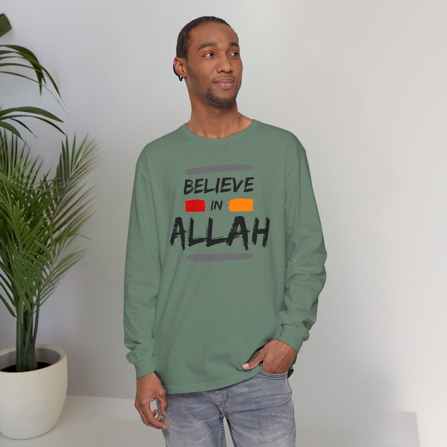 Believe in Allah Typographic Long Sleeve Tee T-Shirt - Cozy Soft Cotton Unisex Statement Long Sleeve Tee