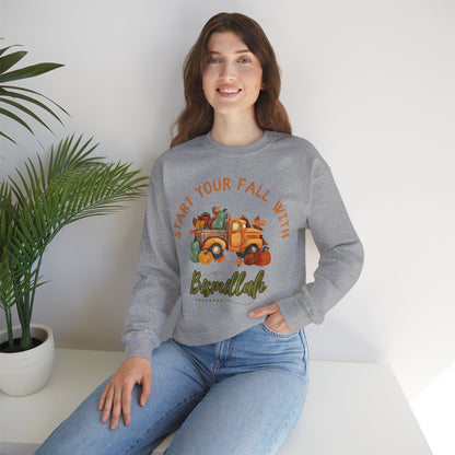 Start Your Fall with Bismillah Graphic Sweatshirt - Cozy Autumn Cute Truck Pumpkin Graphic Unisex Sweatshirt