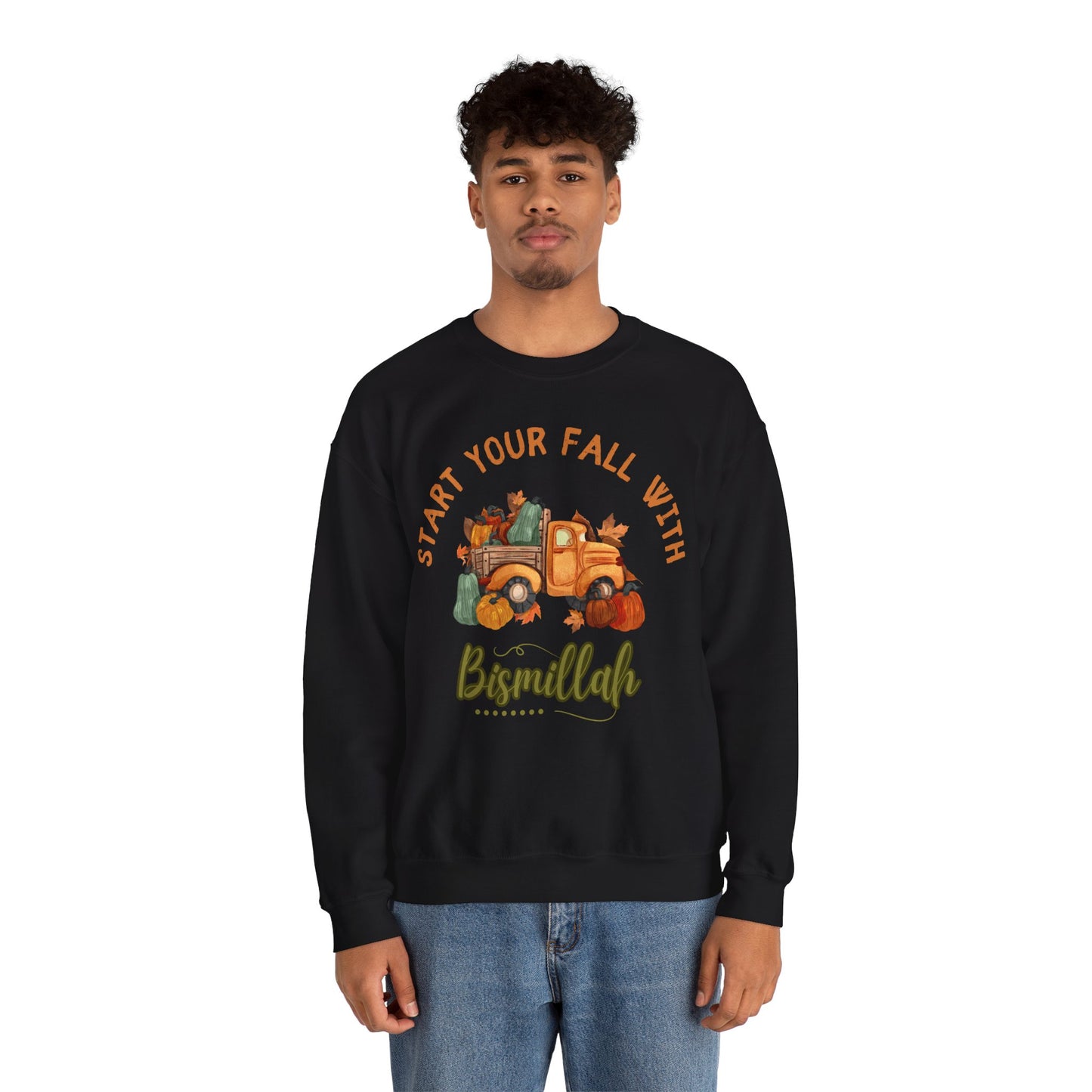 Start Your Fall with Bismillah Graphic Sweatshirt - Cozy Autumn Cute Truck Pumpkin Graphic Unisex Sweatshirt