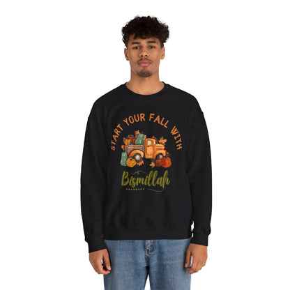 Start Your Fall with Bismillah Graphic Sweatshirt - Cozy Autumn Cute Truck Pumpkin Graphic Unisex Sweatshirt