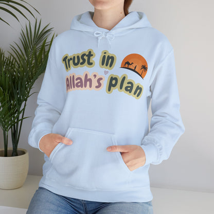 Trust in Allah's Plan Typographic Hoodie - Camel Travel in Desert Cozy Soft Cotton Unisex Hoodie