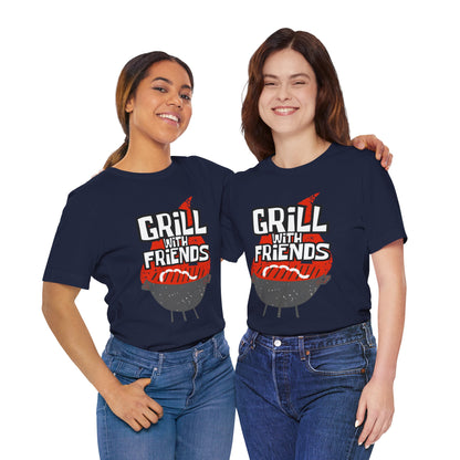 Grill with Friends Typographic Tee T-Shirt - Cozy Soft Cotton Unisex Sausage Graphic Tee T-Shirt