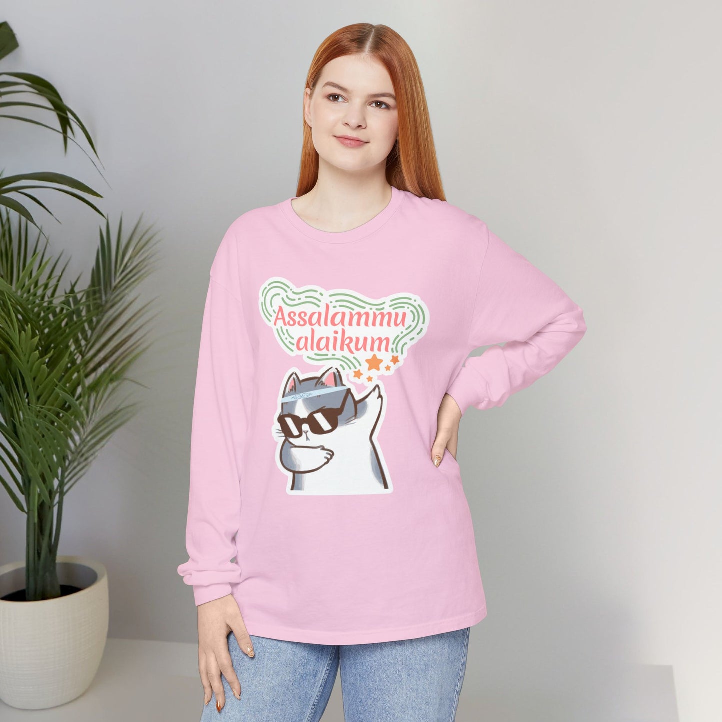 Assalamualaikum Typographic Long Sleeve Tee T-Shirt - Cat Sunglasses Graphic Cozy Soft Cotton Unisex Long Sleeve Tee