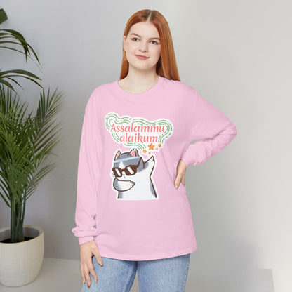 Assalamualaikum Typographic Long Sleeve Tee T-Shirt - Cat Sunglasses Graphic Cozy Soft Cotton Unisex Long Sleeve Tee