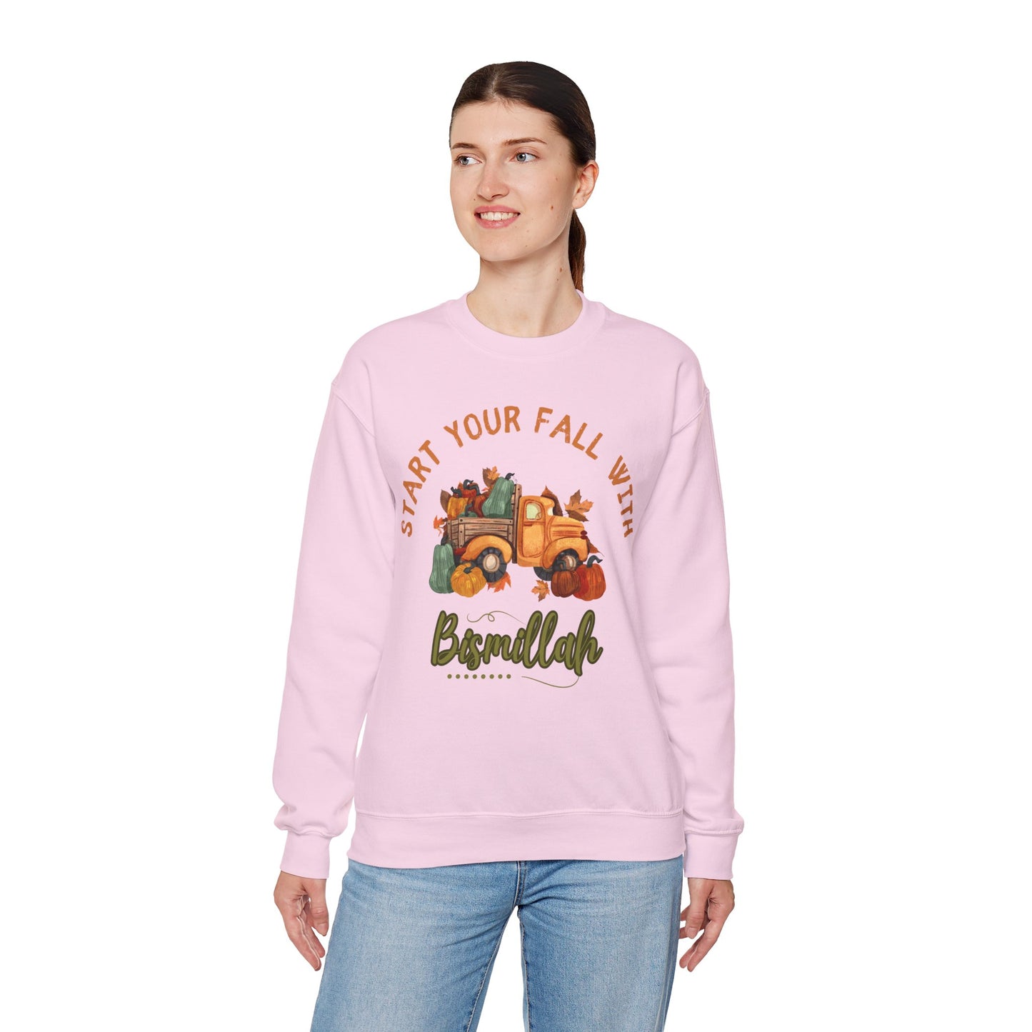 Start Your Fall with Bismillah Graphic Sweatshirt - Cozy Autumn Cute Truck Pumpkin Graphic Unisex Sweatshirt