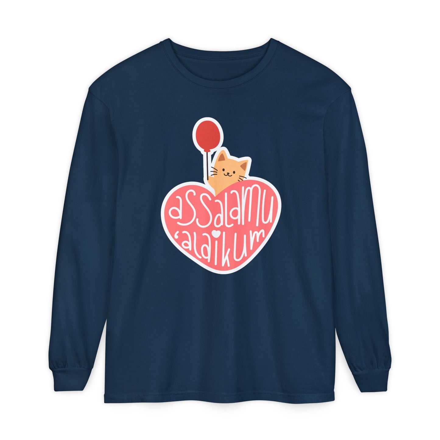 Assalamualaikum Typographic Long Sleeve Tee T-Shirt - Cute Cat Heart Balloon Graphic Cozy Soft Cotton Unisex Long Sleeve Tee
