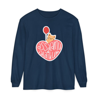 Assalamualaikum Typographic Long Sleeve Tee T-Shirt - Cute Cat Heart Balloon Graphic Cozy Soft Cotton Unisex Long Sleeve Tee